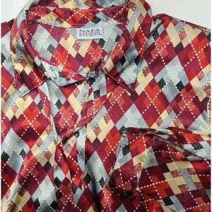 Retro Argyle Print Blouse Tie Neck Silky Button Front Top Womens Large